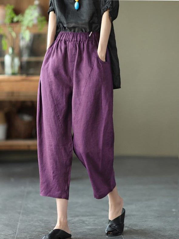 Art Loose Patchwork Solid Color Cotton Linen Elastic Waist Haren Pants