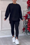 Women's Casual Solid Color Round Neck Long Sleeve Slit Hem Sweatshirt Leggings Set