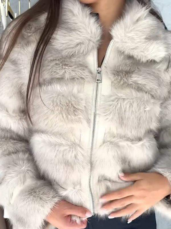 Women's Fur Zipper Lapel Fashion Short Coat