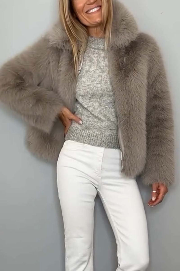 Women's Fashionable Solid Color Lapel Faux Fur Winter Short Coat