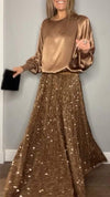 Women's Round Neck Satin Top + Sequined Skirt Set