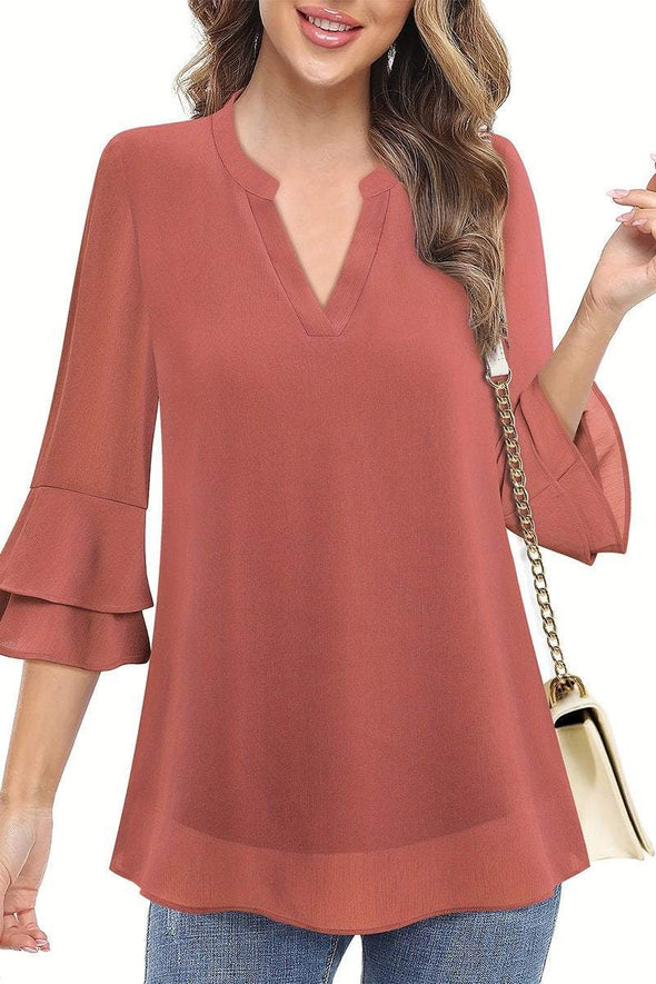 Women's Casual V-neck Solid Color Chiffon T-shirt