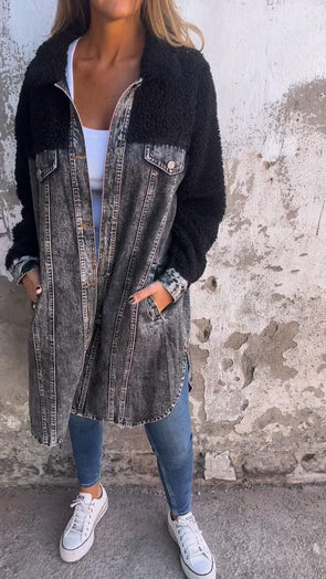 Lapel Single-breasted Long Denim Jacket