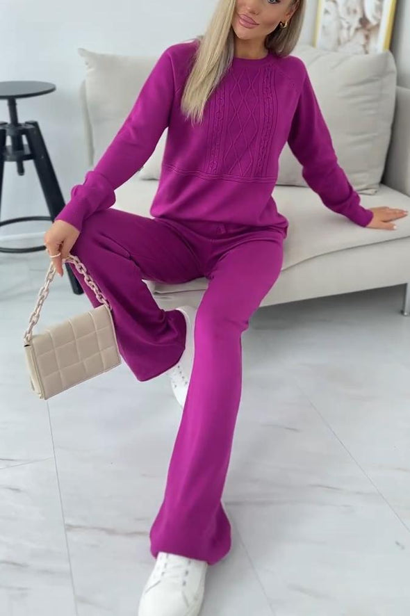 Women's Casual Solid Color Round Neck Suit Knitted Two-piece Suit