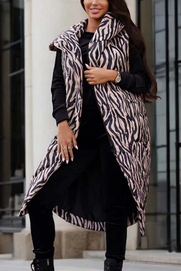 Women's Fashion Hooded Animal Print Mid-Length Sleeveless Cotton Coat