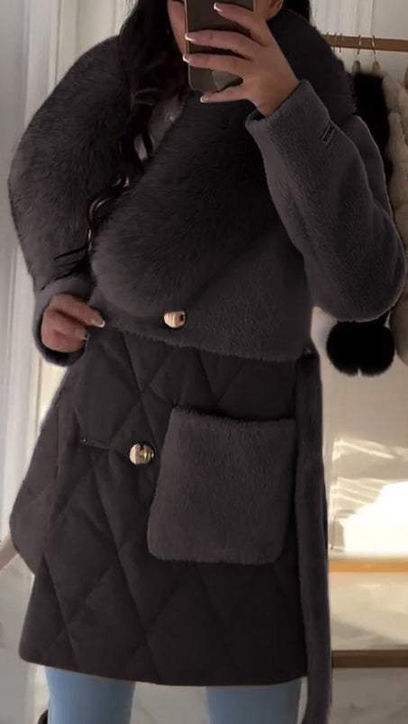 Women's Large Lapel Fur Contrast Coat