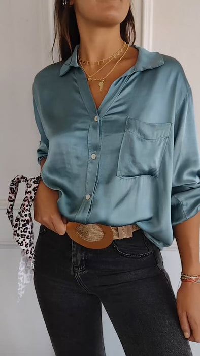 Satin Long Sleeve Top Shirt with Pocket