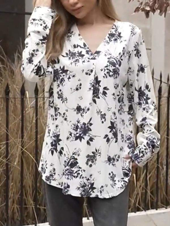 Women's Casual V-neck Printed Long-sleeved Top