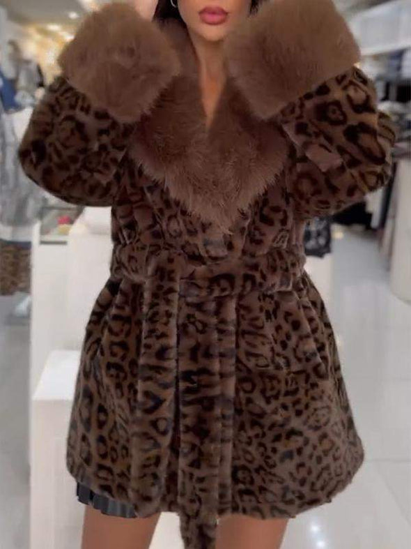 Women's Fur Leopard Print Casual Warm Coat with Large Lapel