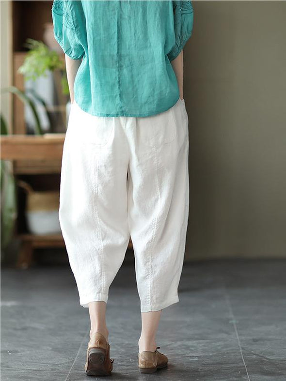 Art Loose Patchwork Solid Color Cotton Linen Elastic Waist Haren Pants