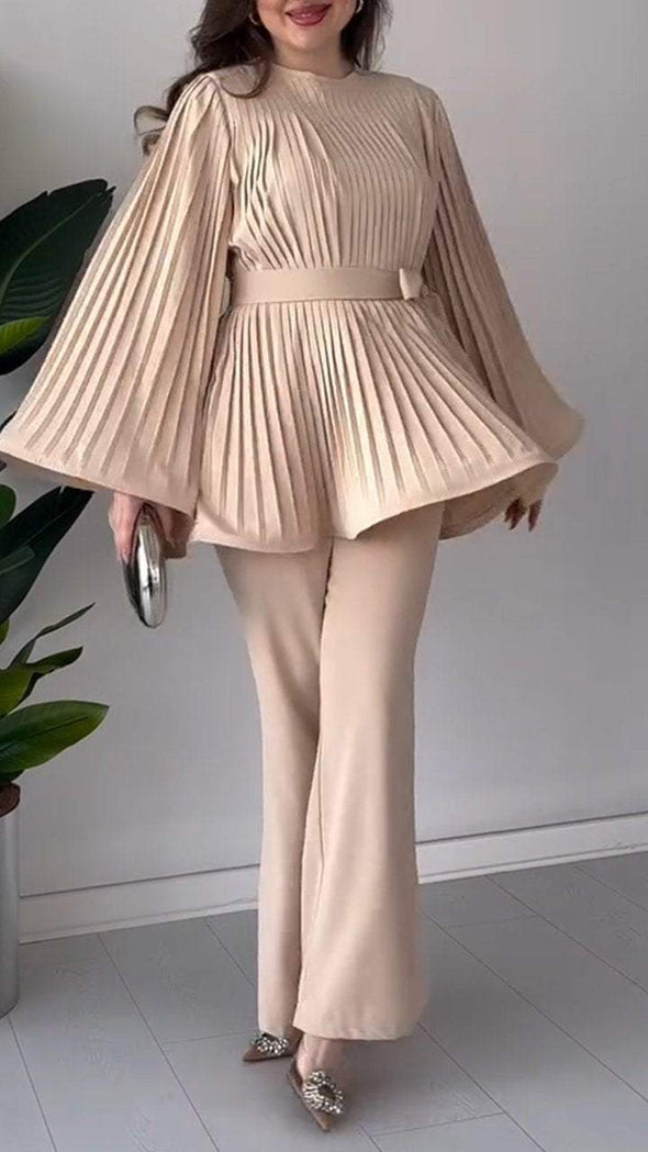 Women's Round Neck Long Sleeve Trumpet Sleeve Blouse Two Piece Suit