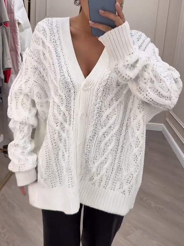 Women's V-neck Beaded Button Sweater