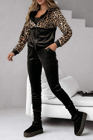 Women's Hooded Long-sleeved Leopard Print Casual Suit