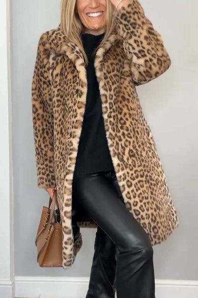 Women's Fashionable Leopard Lapel Faux Fur Winter Coat