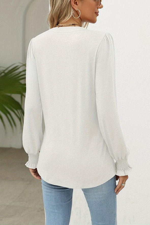 Women's Casual V-neck Solid Color Long-sleeved T-shirt