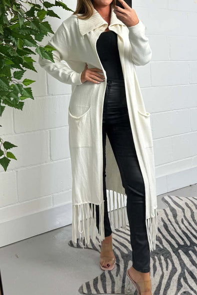 Women's Cream Long Tassel Bottom Collared Cardigan