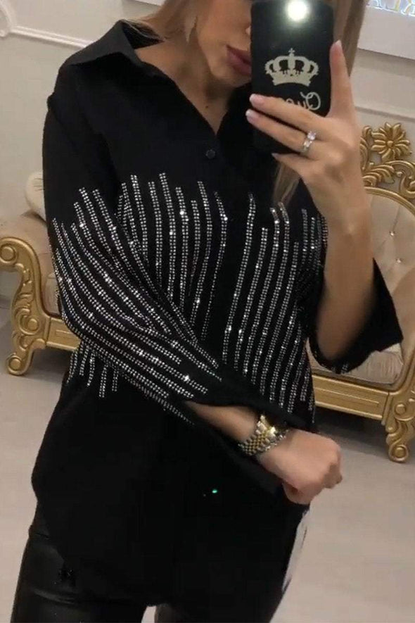 Women's Casual Lapel Single-breasted Rhinestone Shirt