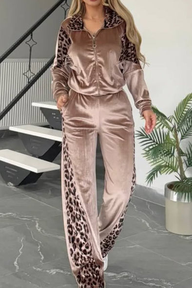 Women's Casual Velvet Leopard Print Zipper Two-piece Suit