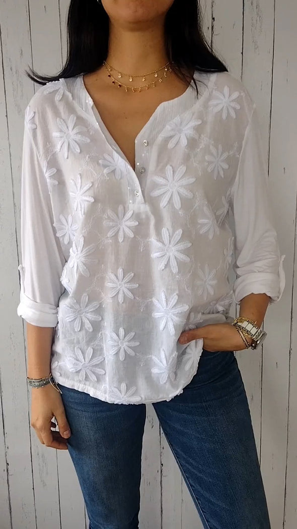 Three-dimensional Flower Design Cotton and Linen Shirt