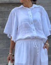 Ruffle sleeve lapel cotton and linen top + wide-leg pants two-piece set