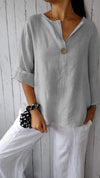 V-neck Mid-sleeve Cotton and Linen Top