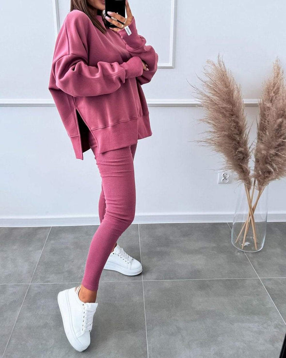 Women's Solid Color Casual Pullover Sweatshirt Two-piece Set