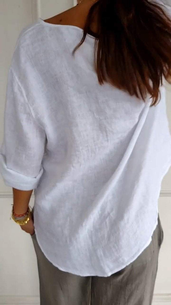 V-neck Mid-sleeve Cotton and Linen Top