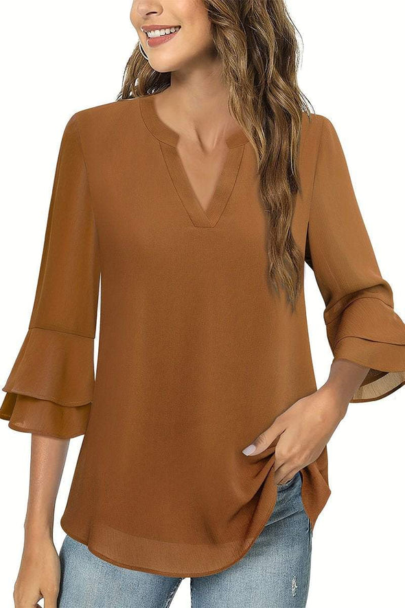 Women's Casual V-neck Solid Color Chiffon T-shirt