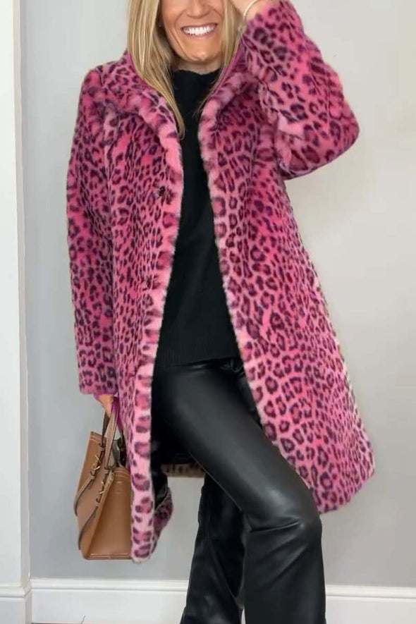 Women's Fashionable Leopard Lapel Faux Fur Winter Coat