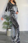 Women's Casual Velvet Leopard Print Zipper Two-piece Suit