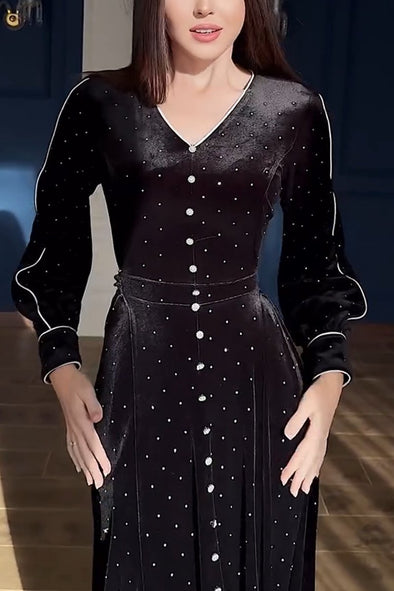 Women's Elegant V-neck Sparkling Velvet Puff-sleeved Long Dress