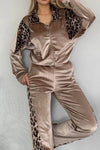 Women's Casual Velvet Leopard Print Zipper Two-piece Suit