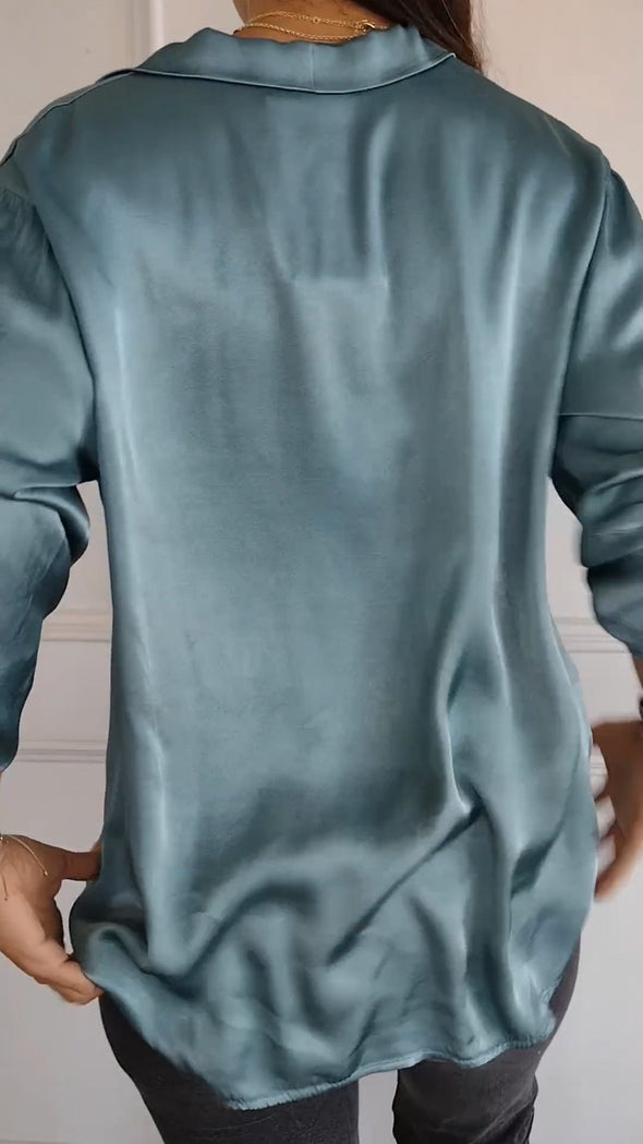 Satin Long Sleeve Top Shirt with Pocket