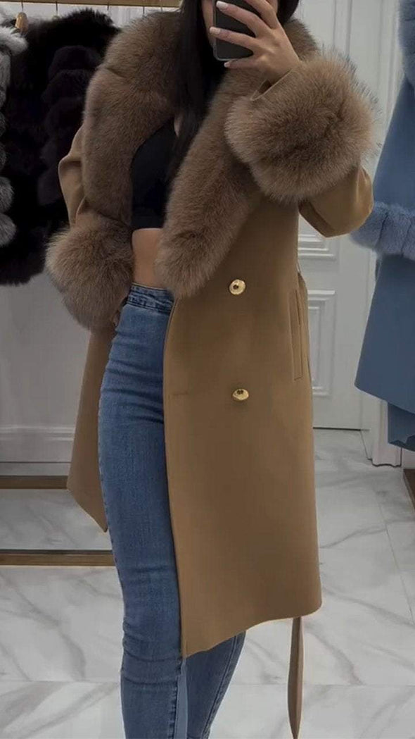 Women's Furry Long Coat with Large Lapel and Ties