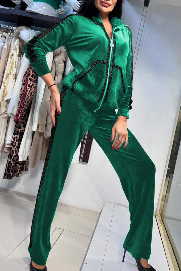 Ladies Casual Hot Diamond Velvet Zipper Suit