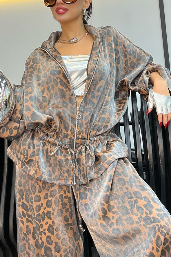 Women's Lapel Mid Sleeve Leopard Print Casual Suit