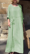 Round Neck Cotton and Linen Long Sleeve Casual Dress