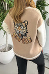 Women's Camel & Cream Baseball Style Cardigan With Sequin Cheetah Detail