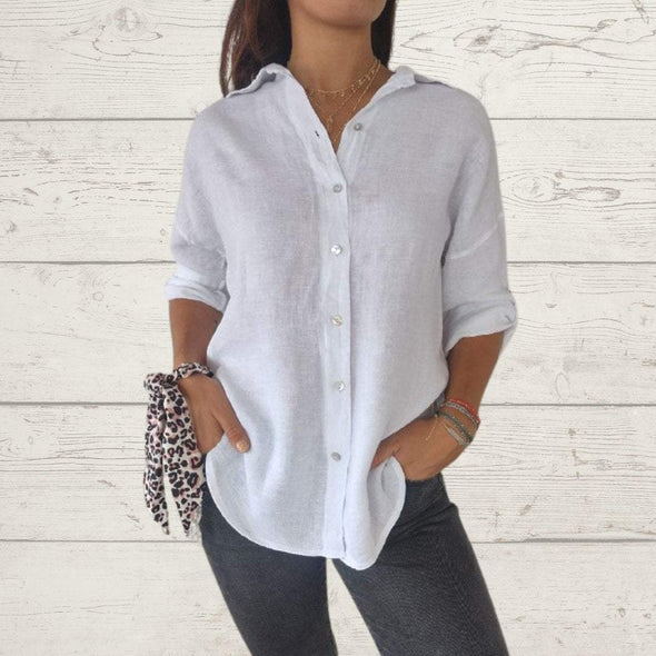 Women's Solid Color Button-down Cotton Linen Blouse Cardigan Shirt