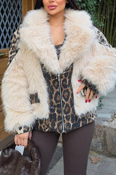 Women's Casual Luxury Warm Leopard Print Sequined Fur Patchwork Jacket