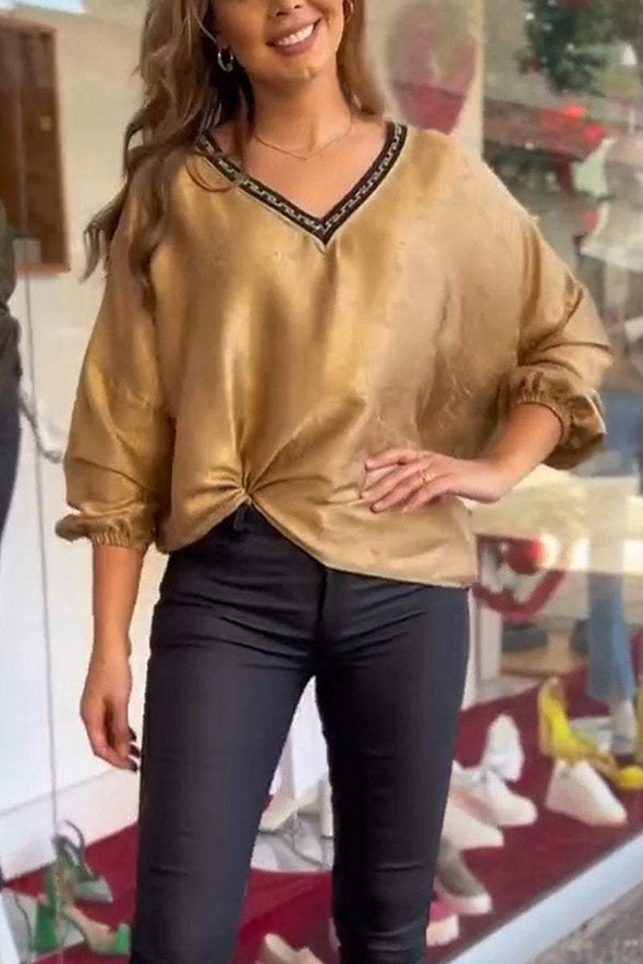 Women's Casual V-neck Long-sleeved Gold-stamped T-shirt