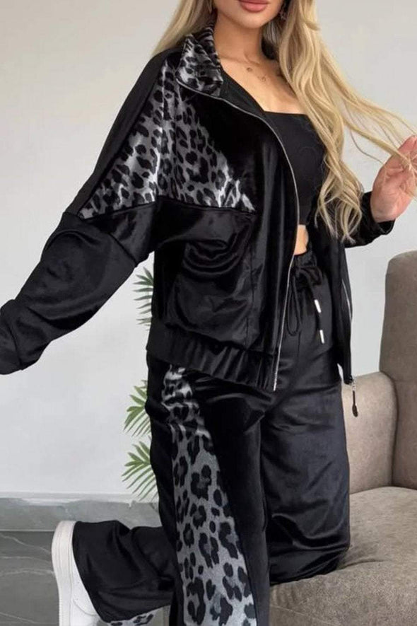 Women's Casual Velvet Leopard Print Zipper Two-piece Suit