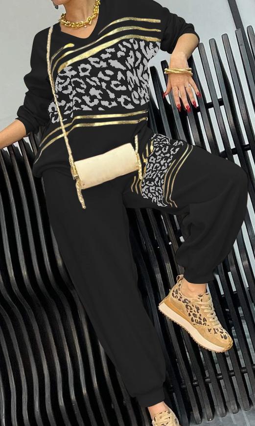 Women's V-neck Long-sleeved Leopard Striped Casual Suit