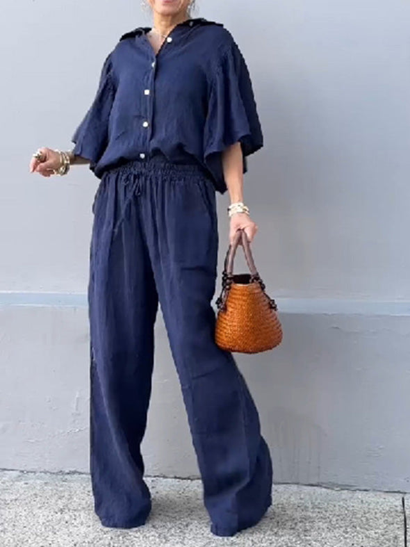 Ruffle sleeve lapel cotton and linen top + wide-leg pants two-piece set