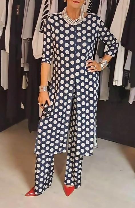 Women's Round Neck Long Sleeve Polka Dot Print Suit