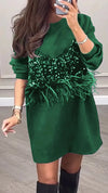 Women's Round Neck Long Sleeve Sequined Fur Stripe Fake Two Piece Party Dress