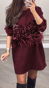 Women's Round Neck Long Sleeve Sequined Fur Stripe Fake Two Piece Party Dress