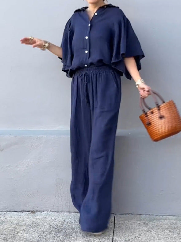 Ruffle sleeve lapel cotton and linen top + wide-leg pants two-piece set