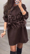 Women's Round Neck Long Sleeve Sequined Fur Stripe Fake Two Piece Party Dress