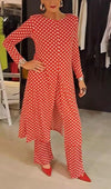 Women's Round Neck Long Sleeve Polka Dot Print Suit